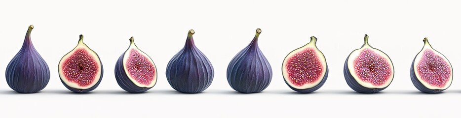 Obraz premium Fresh figs, whole and halved, displayed in a row