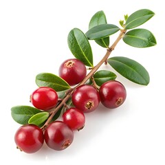 Lingonberry twig close up, red berries and green leaves on white backdrop