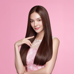 Portraits of a young woman with sleek, shiny long hair, styled straight, against colorful studio backgrounds for beauty concepts. Generative by AI