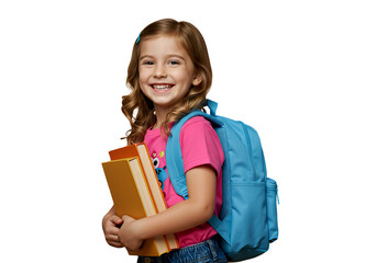 A cheerful child with a backpack, ready for school, isolated