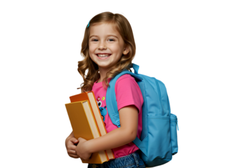 A cheerful child with a backpack, ready for school, isolated
