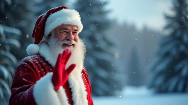 Santa Claus Waving in a Winter Wonderland. Suitable for marketing or business purposes