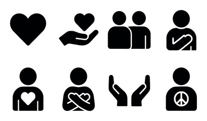 Set of heart, peace, and human silhouette icons on white background