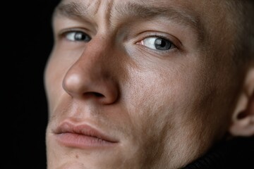 Obraz premium A thoughtful man's close-up portrait captured in shadows, emphasizing his striking features and evoking a sense of depth and contemplation in a visually impactful way.