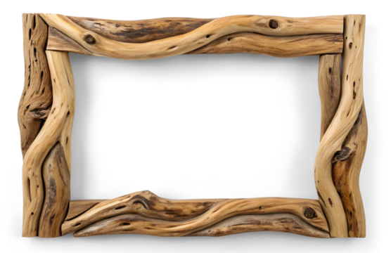 Wooden frame made of twisted wood isolated on white or transparent background