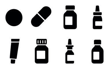 Set of black medicine icons: pills, bottles, tube, and nasal spray