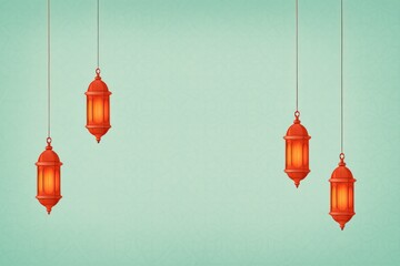 Muslim lanterns glowing against intricate color pattern background, copy space holiday frame