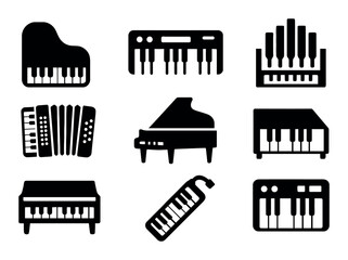 Set of musical instrument silhouettes: piano, keyboard, accordion
