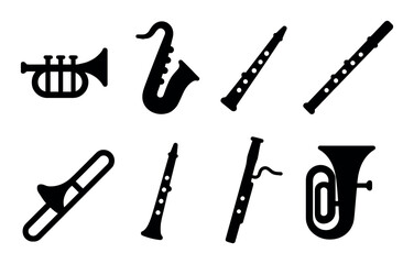 Silhouette icons of trumpet, saxophone, clarinet, and tuba instruments