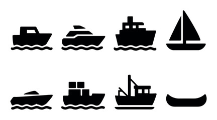 Silhouette icons of boats: sailboat, yacht, canoe, ship designs