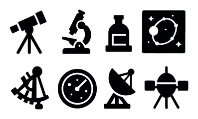 Silhouette icons of astronomy and science equipment collection