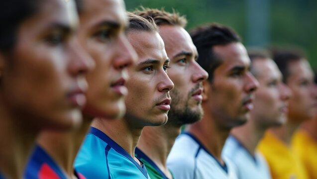 Close-up of soccer players in profile during a team lineup or national anthem
 - Powered by Adobe