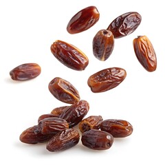 Arrangement of fresh dates falling and piling on a white background display