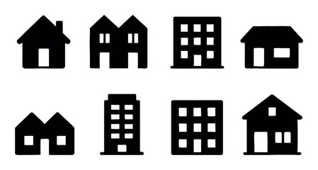 Set of eight black silhouette building icons on white background