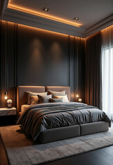Polished designer bedroom scene with premium textures, layered fabrics, and warm ambient LED light for cinematic advertising use
