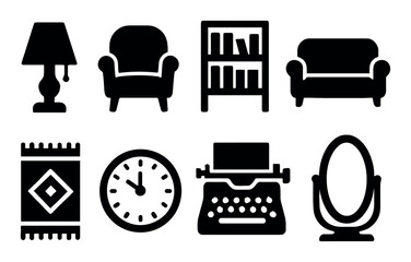 Black icon set: lamp, armchair, bookshelf, sofa, rug, clock, typewriter