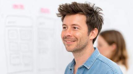 A young man smiles warmly while participating in a creative brainstorming session