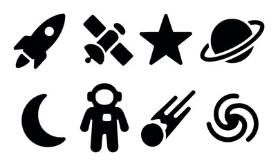 Space icons: rocket, satellite, star, planet, astronaut, comet