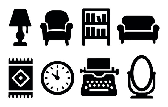 Black icon set: lamp, armchair, bookshelf, sofa, rug, clock, typewriter