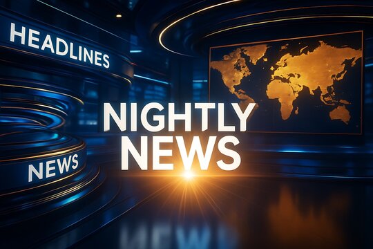 Nightly news broadcast featuring glowing NIGHTLY NEWS text, rotating world map, and studio lighting, representing a professional news program