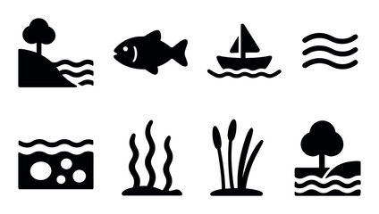 Obraz premium Silhouette icons: nature, ocean, boat, fish, waves, plants