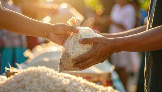 Hands Giving and Receiving Bag of Food