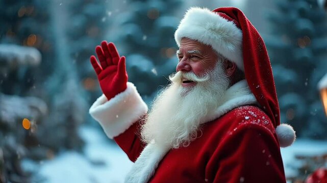 Santa Claus Waving in a Winter Wonderland. Suitable for marketing or business purposes