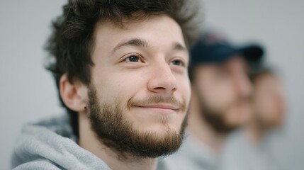 Obraz premium A young man with a lively smile in a casual setting, reflecting positivity and engagement. He displays a warm expression, embodying enthusiasm and a sense of community.