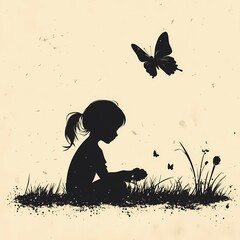 Girl silhouette watching butterflies in grass illustration
