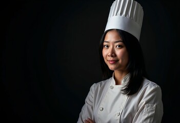 A young Asian woman wearing a chef's hat and uniform, against a dark background , aimed at attracting aspiring chefs.