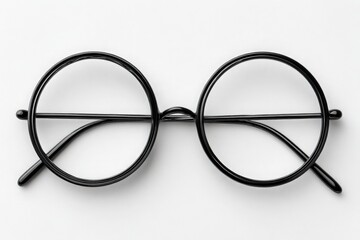 A pair of round black eyeglasses rests flat on a white background. The simple design features a thin wire frame and clear lenses. Ideal for those needing vision correction or as a fashion statement.