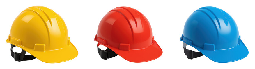 Fototapeta premium Three Colorful Construction Safety Helmets: Yellow, Red, and Blue Protective Hard Hats for Industrial and Occupational Safety, Isolated on Transparent and White Background