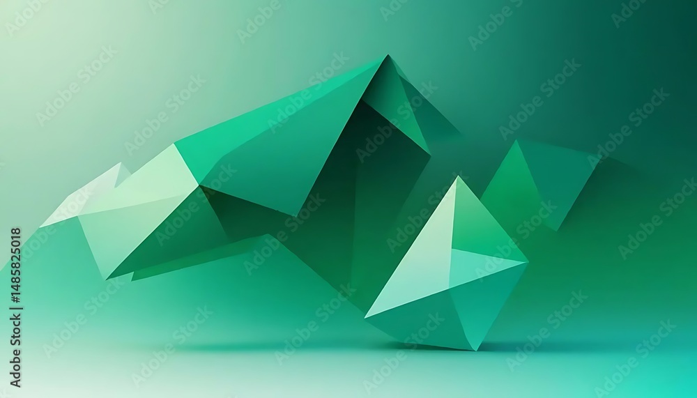 Poster geometric low poly shapes float with a vibrant green color scheme and soft, clean background space.