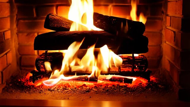 Warm fireplace burning brightly with orange flames and glowing embers, logs resting on grate, brick surround