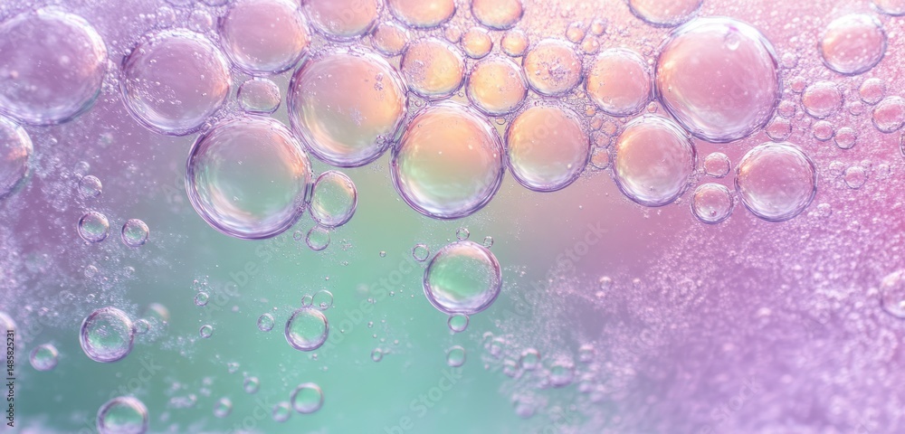 Poster close-up of colorful translucent bubbles in a liquid with a soft pastel background evoking a sense o
