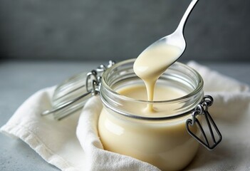 Condensed milk in a glass jar with a spoon pouring the liquid.