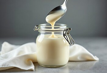 Condensed milk in a glass jar with a spoon pouring the liquid.