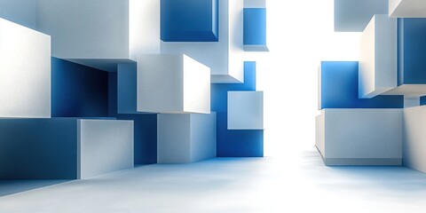Abstract futuristic corridor formed by floating and attached white and blue cubes with bright light in the background creating a sense of depth and space