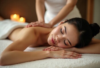 Obraz premium A woman lying on a massage table, receiving a massage in a spa with blur candles and wooden walls background.