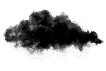 A dense black smoke cloud swirls and disperses, creating dramatic contrasts on a white background. The wispy texture varies, suggesting movement and depth, ideal for visual design.