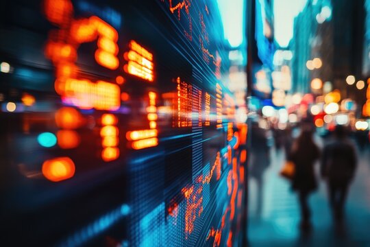 Financial data display in a bustling city