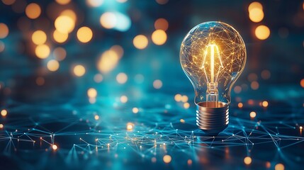 Glowing Light Bulb on dark blue background.