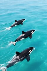 Obraz premium Three orca whales swimming gracefully through vibrant turquoise ocean waters together