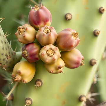 close-up of the fruits of the prickly pear on the cladodes of the plant