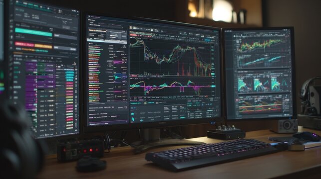 Advanced Trading Setup with Multiple Monitors Displaying Financial Charts and Market Data for Investment Analysis
