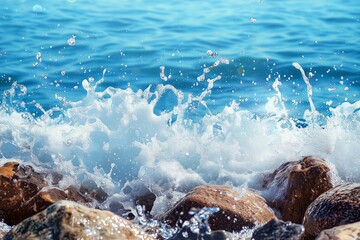 Ocean wave , blue water splashing rock beach , blue background.