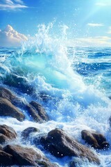 Ocean wave , blue water splashing rock beach , blue background.