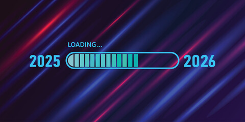 Naklejka premium Blue loading bar from 2025 to 2026 on abstract game background with blue pink light.