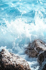 Ocean wave , blue water splashing rock beach , blue background.