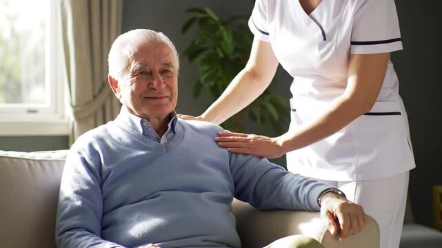 Elderly Man in Light Blue Sweater Receiving Comfort From a Caring Nurse in Home Setting
